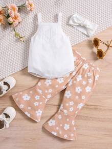 Baby Girl Solid Color Top With Floral Print Flared Pants Set - Multicolor - View 1
