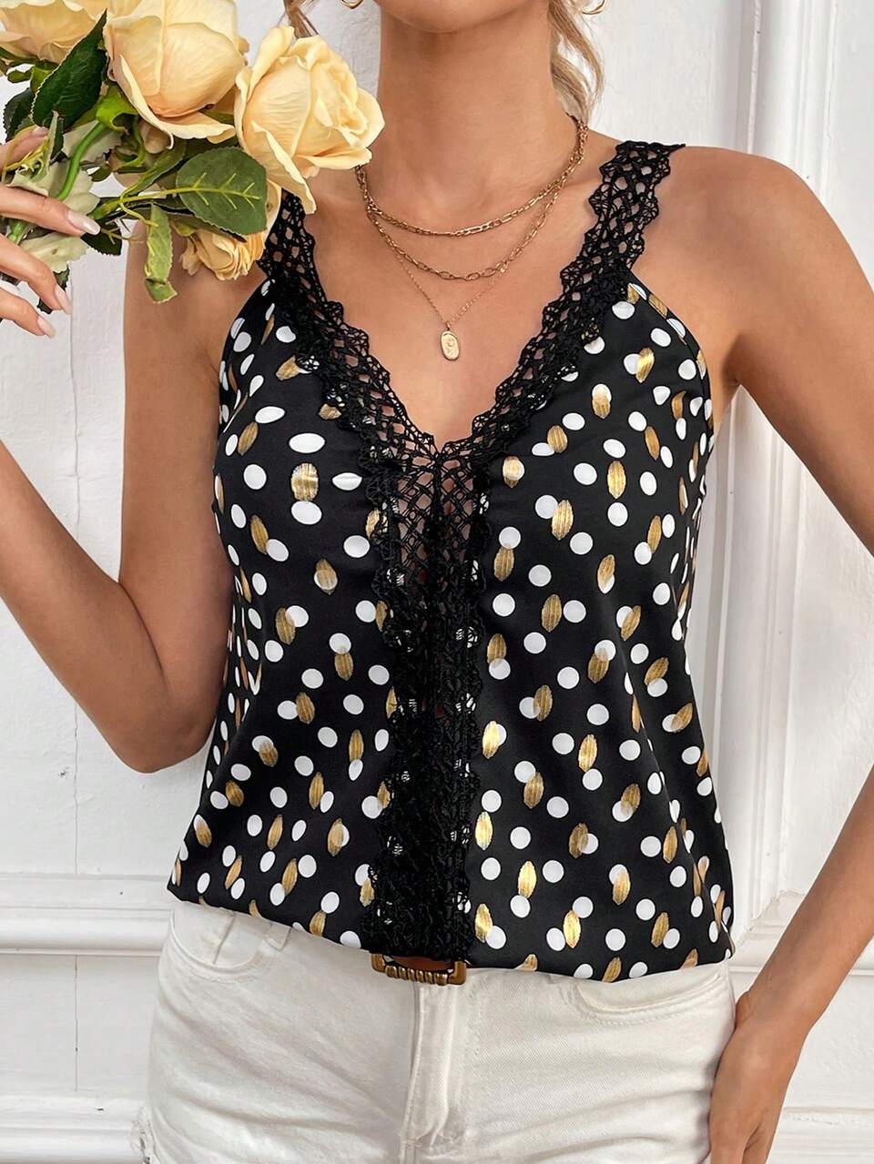Women's Black White Polka Dot,Summer,Elegant,Brunch Lace Trim Camisole,Spliced Hollow Out Glitter Stamped Patterns Flutter Tank Top,Casual Vacation