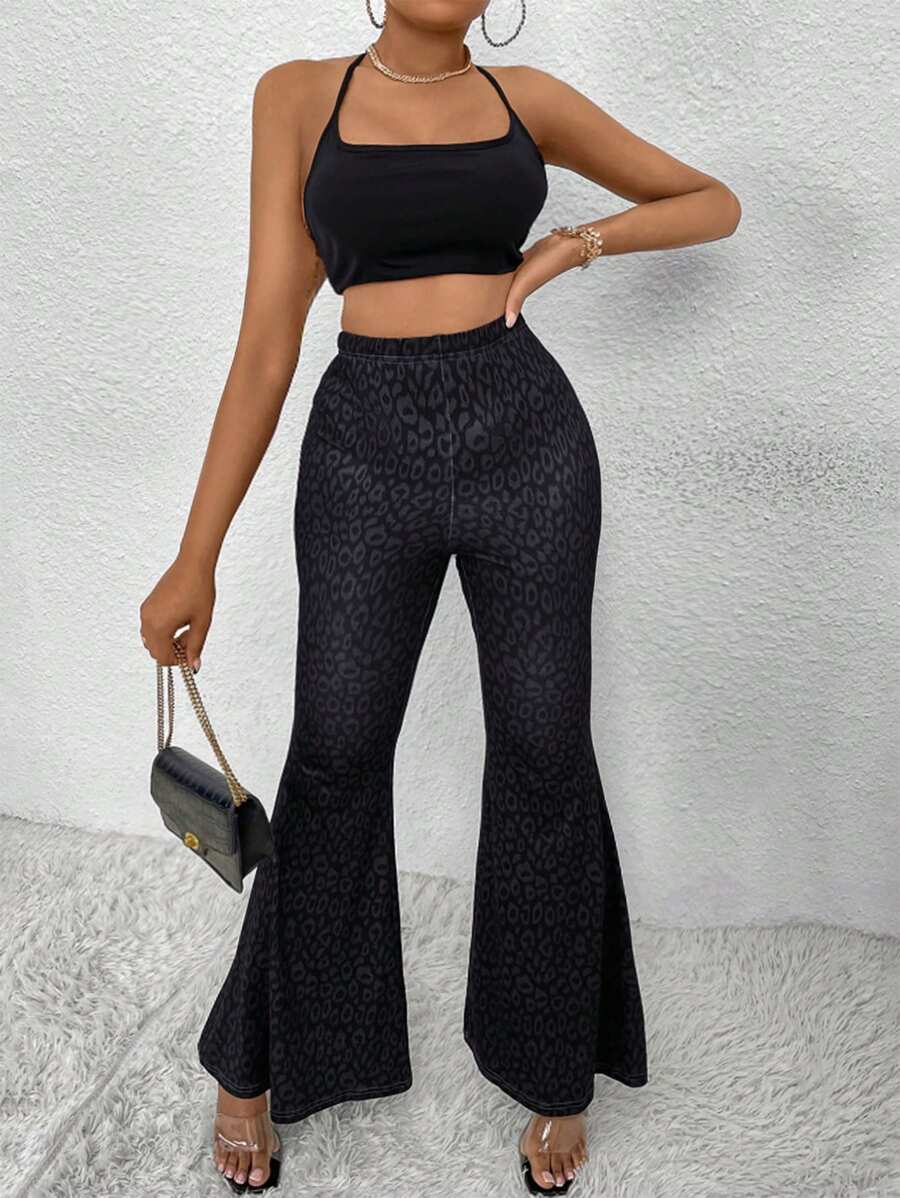 SHEIN Unity Women's Leopard Print Flared Pants - Black - View 1