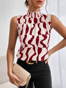 SHEIN Privé Camisa sin mangas con cuello alto estampada al azar para mujeres, blusas sin mangas - Rojo y blanco - Ver 4