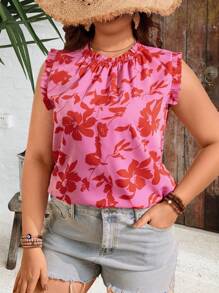 SHEIN Franclia 大码花卉印花盖袖衬衫 - 玫紅色 - 查看 1