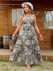 Breezaya Kích thước lớn In Viền trùng điệp Dây đeo Mì Ý  Đầm - Nhiều màu - Xem 2