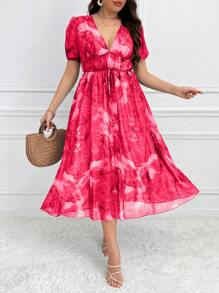 Flirla Kích thước lớn In hoa Cổ chữ V sâu Ống tay áo Đầm - Đỏ - Xem 4