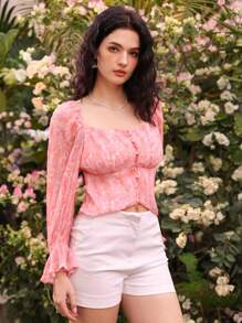 Aveloria Willekeurig Geprint Klokmouwen Cropped Blouses