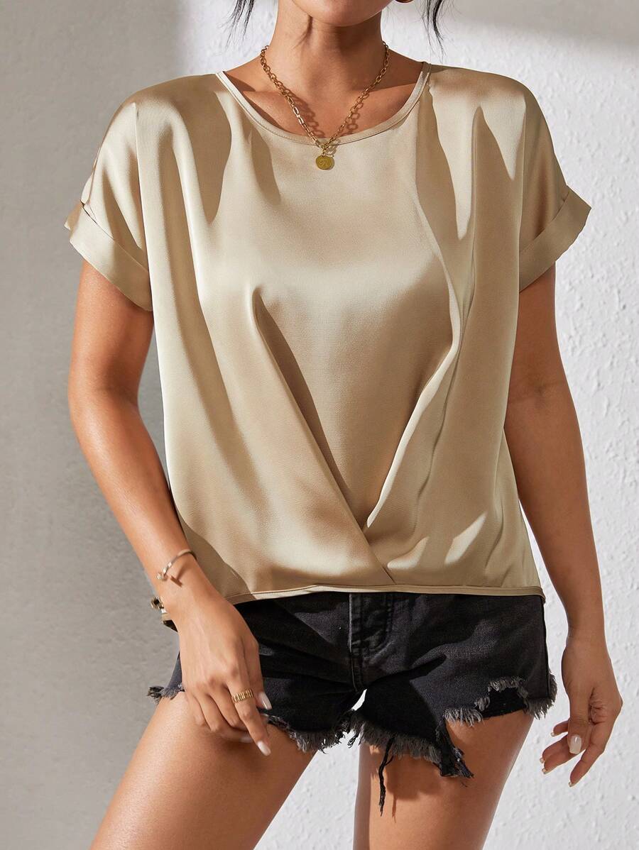 SHEIN LUNE Maglietta A Manica Corta Con Collo Tondo Da Donna - Champagne - Visualizzare 1