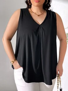 SHEIN CURVE+ Camiseta Con Cuello En V Suelto De Talla Grande De Tejido De Punto Y Color Sólido - Verde - Ver 3