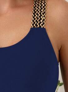 Swim Lushoire Summer Beach Spliced Braided Wide Strap Tankini Set - Navy Blue - View 5