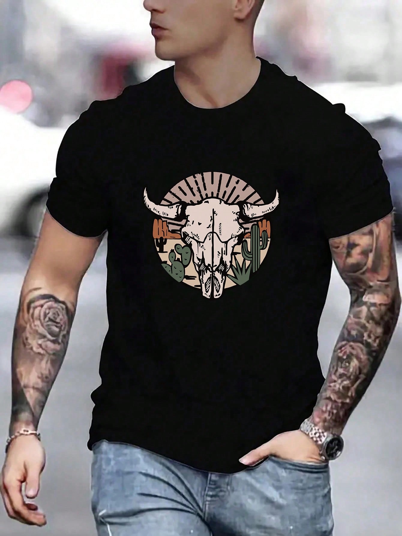 2025 Men Summer Casual Short Sleeve T-Shirt With Bull Head, Desert, Cactus Prints, Round Neck