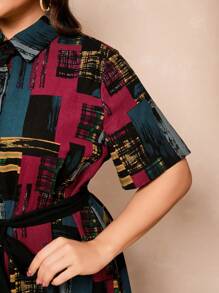 Mulvari Plus Size Women's Printed Shirt Dress With Patchwork Design - Multicolor - View 6