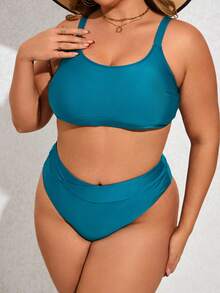 SHEIN Swim Curve 加大尺碼女性實色v形腰設計泳衣套裝 - 軍綠色 - 查看 4