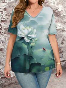 EMERY ROSE Plus Size Women Lotus Pattern V-Neck Short Sleeve T-Shirt