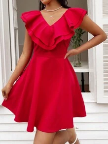 SHEIN Privé 女士接口條紋和荷葉邊連衣裙 - 紅色 - 查看 7