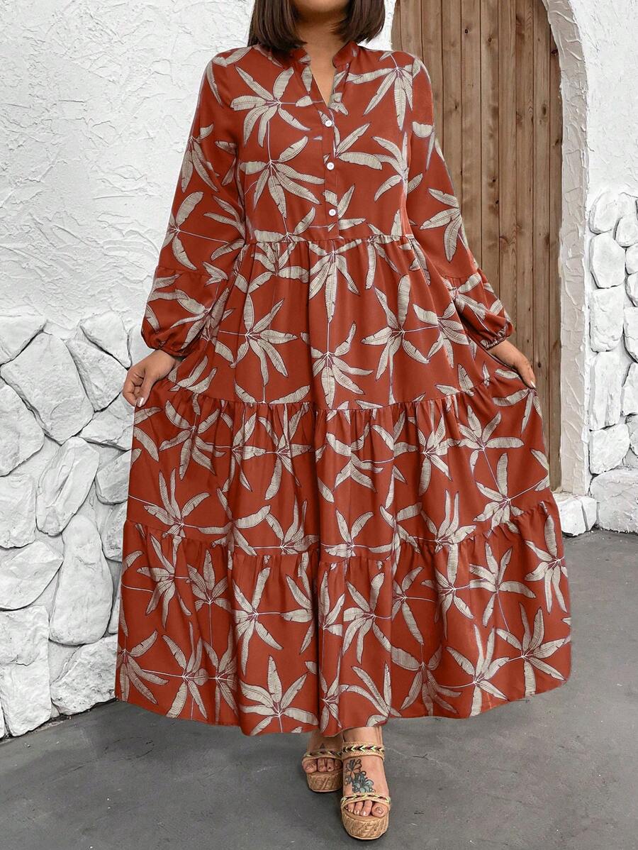 Breezaya 大码女式植物印花衬衫裙长款女装 - 棕色 - 查看 1
