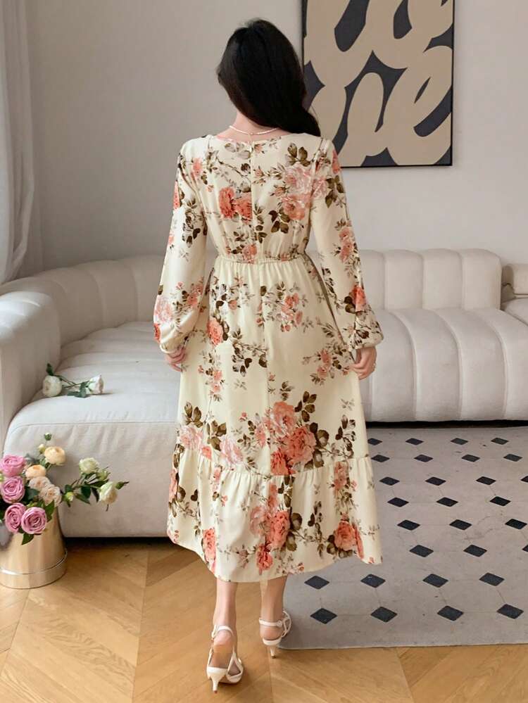 Long Sleeve Round Neck Chiffon Floral Print Dress,Ruffle,Fall Dress Vacation Outfits Women Easter Maxi Dress Boho