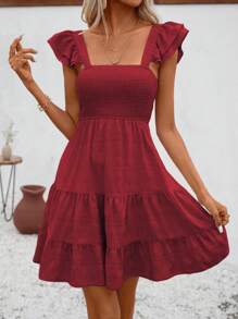 Chiquease Solid Color Wrap Square Neckline Dress With Ruffle Hem Burgundy Color Women Outfit - Burgundy - View 5