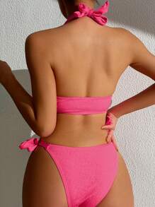 SHEIN Swim Conjunto de bikini de colores lisos con textura para el verano - Rosa - Ver 2