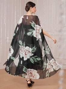 Modelyn 花卉印花抹胸连衣裙和斗篷夹克套装 2 件套 - 黑色 - 查看 2