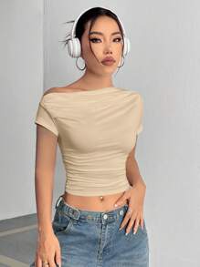 SHEIN Unity Solid Color Asymmetric Neckline Short Cropped T-Shirt With Pleats - Apricot - View 5