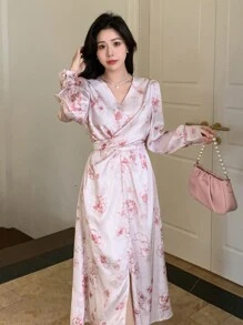 DAZY 女士印花系带开衩连衣裙，秋季长袖连衣裙 - 粉色 - 查看 5
