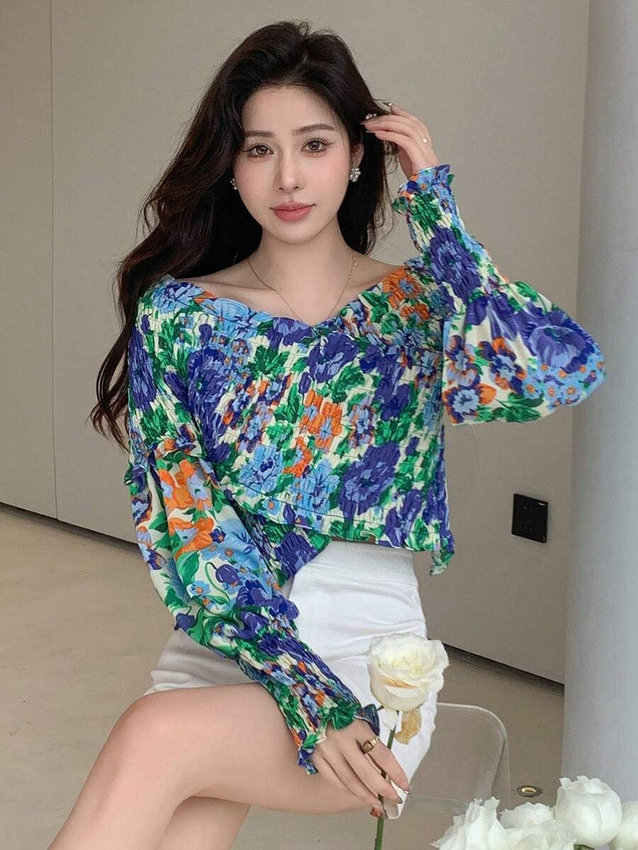 DAZY Women's Floral Printed Cross Off Shoulder Blouse,Fall Women Clothes Long Sleeve Top Vacation Outfits Women Easter Boho - Multicolor - View 1