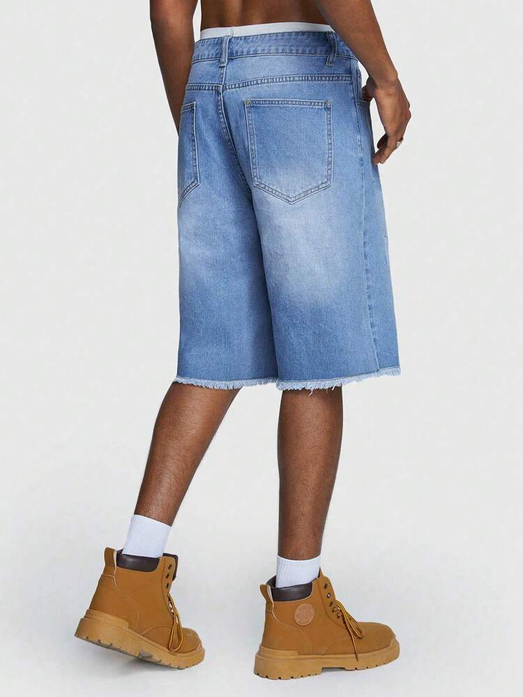 Men's Denim Jeans With Frayed Hem And Pockets