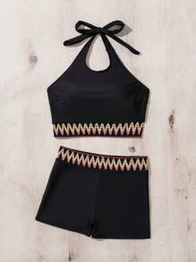 Swim Lushoire 女士拼布波浪编织肩带比基尼套装分体比基尼套装泳装泳衣沙滩装夏季度假、夏季海滩