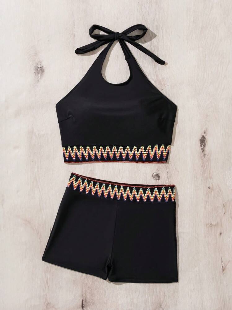 SHEIN Swim Lushore Damski patchworkowy splot falowy zestaw bikini oddziela, zestaw bikini stroje kąpielowe strój kąpielowy strój plażowy letnie wakacje, letnia plaża - Czarne - Zobacz 5