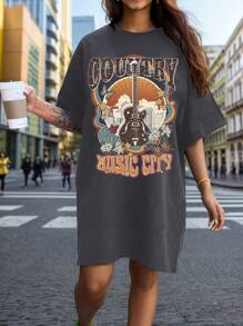 Flirla Kích thước lớn Đàn ghi ta & Lá thư In Ngắn tay Đầm - Màu xám đen - Xem 1