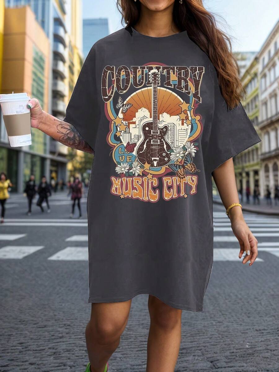 Flirla Kích thước lớn Đàn ghi ta & Lá thư In Ngắn tay Đầm - Màu xám đen - Xem 1