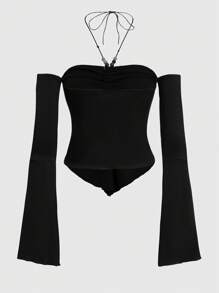 ROMWE Hippie Solid Ruched Halter Neck Flounce Sleeve Top - Black - View 2