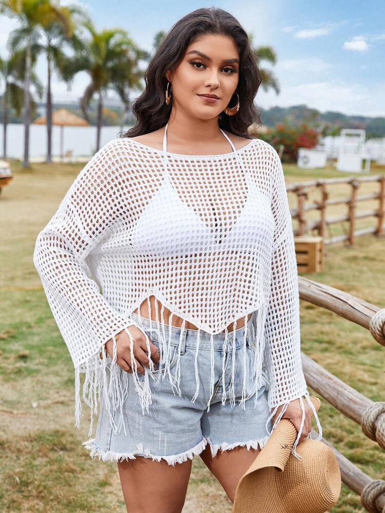 Plus Size Solid Color Hollow Out Fringe Decor Knit Top