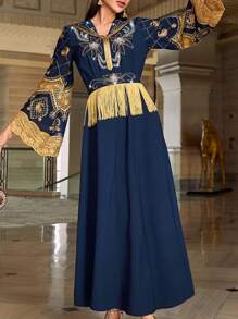 Al Najma 厚重手工水钻刺绣长袍，朴素全长长袍，优雅奢华晚会风格 - 藏蓝色 - 查看 5