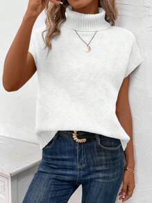 EMERY ROSE 純色高領蝙蝠袖休閒毛衣背心 - 白色 - 查看 6