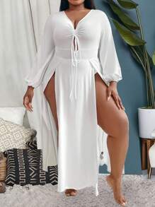 SHEIN Clasi Plus Size Lantern Sleeve High-Split Hem Dress Fall Cloth For Women - White - View 3