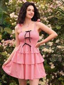 Aveloria Sweet Colorful Bowknot Decorated Tiered Cake Spaghetti Strap Dress - Pink - View 3