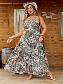 Breezaya Kích thước lớn In Viền trùng điệp Dây đeo Mì Ý  Đầm - Nhiều màu - Xem 5