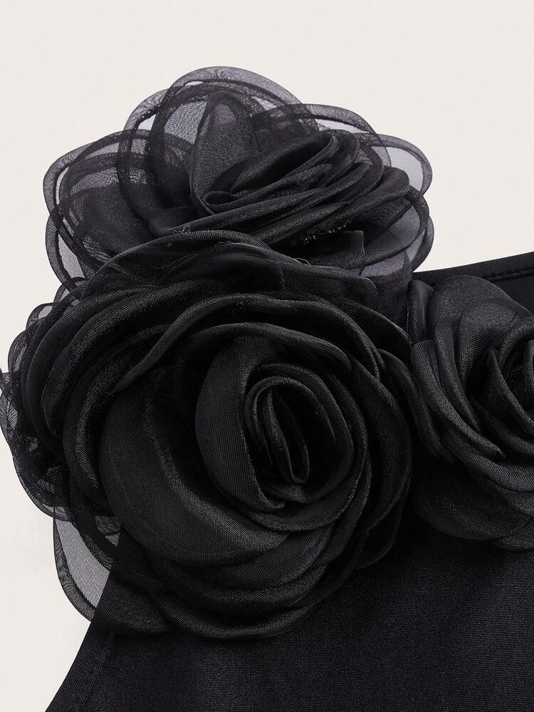 Y2k Spring Black Slim Fit 3d Flower Ribbon Decor Asymmetric Two-Piece Set