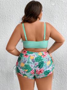 SHEIN CURVE+ 大尺碼純色吊帶上衣＆熱帶印花泳褲比基尼套裝 - 彩色 - 查看 2