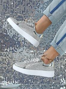 Zapatos Deportivos Plateados De Lentejuelas De Moda Cómodos Y Casuales Para Mujeres, Zapatos Para Correr Y Caminar, Estilo Universitario De Calzado Para Estudiantes Brillantes - Plateado - Ver 3