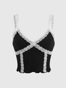 ROMWE Goth Contrast Lace Lettuce Trim Cami Top - Black - View 1