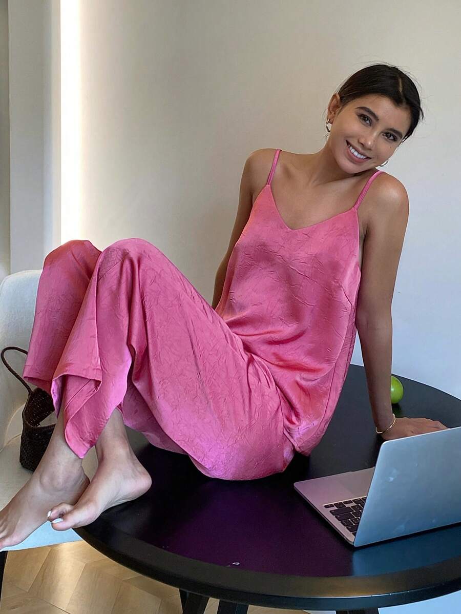 DAZY Ladies' Simple Camisole Style Tank Top And Pants Homewear Set Summer Pajama - Hot Pink - View 1