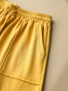 SHEIN LUNE Quý cô Màu thuần Dây rút Rộng chân Giải trí Quần short - Màu Mù tạt vàng - Xem 4