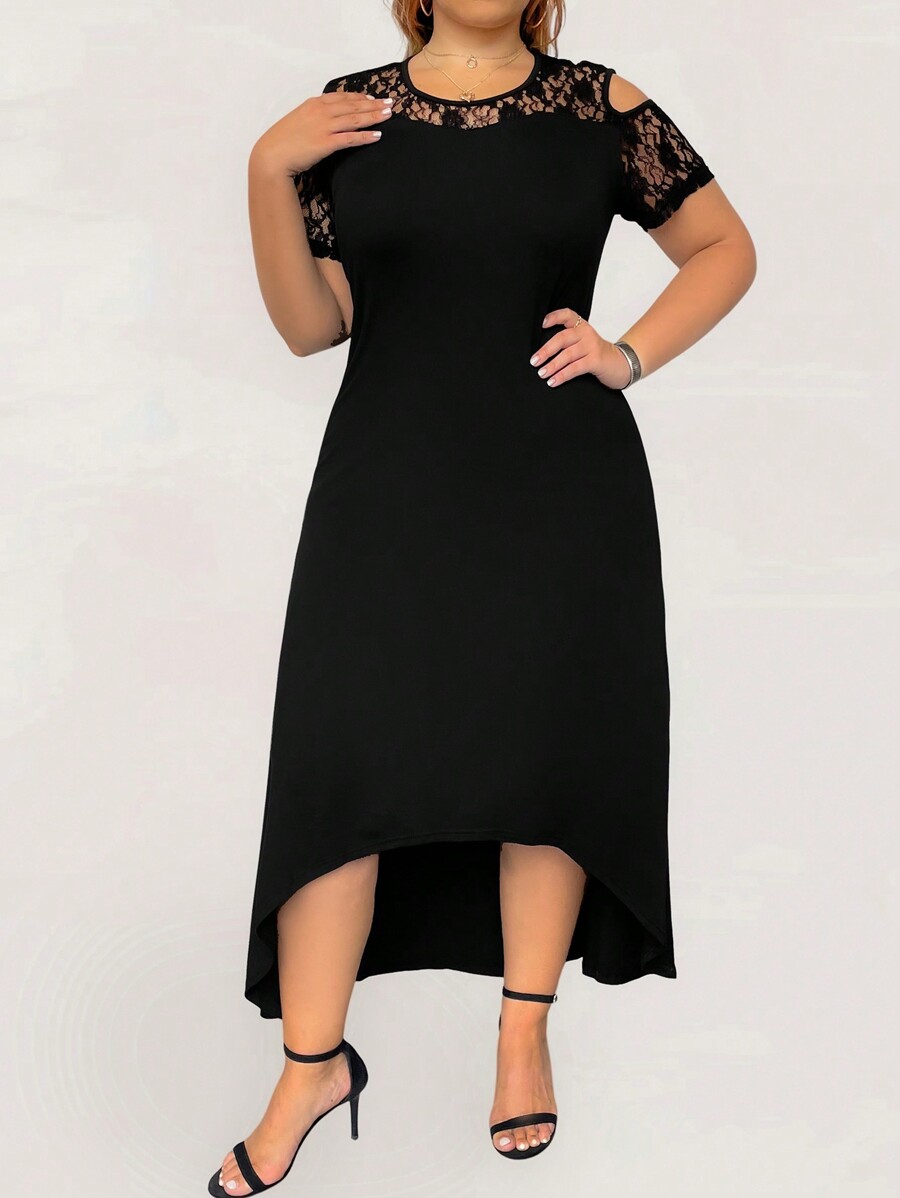 SHEIN Clasi Crew Neck Short Sleeve Lace Patchwork Elegant Cocktail