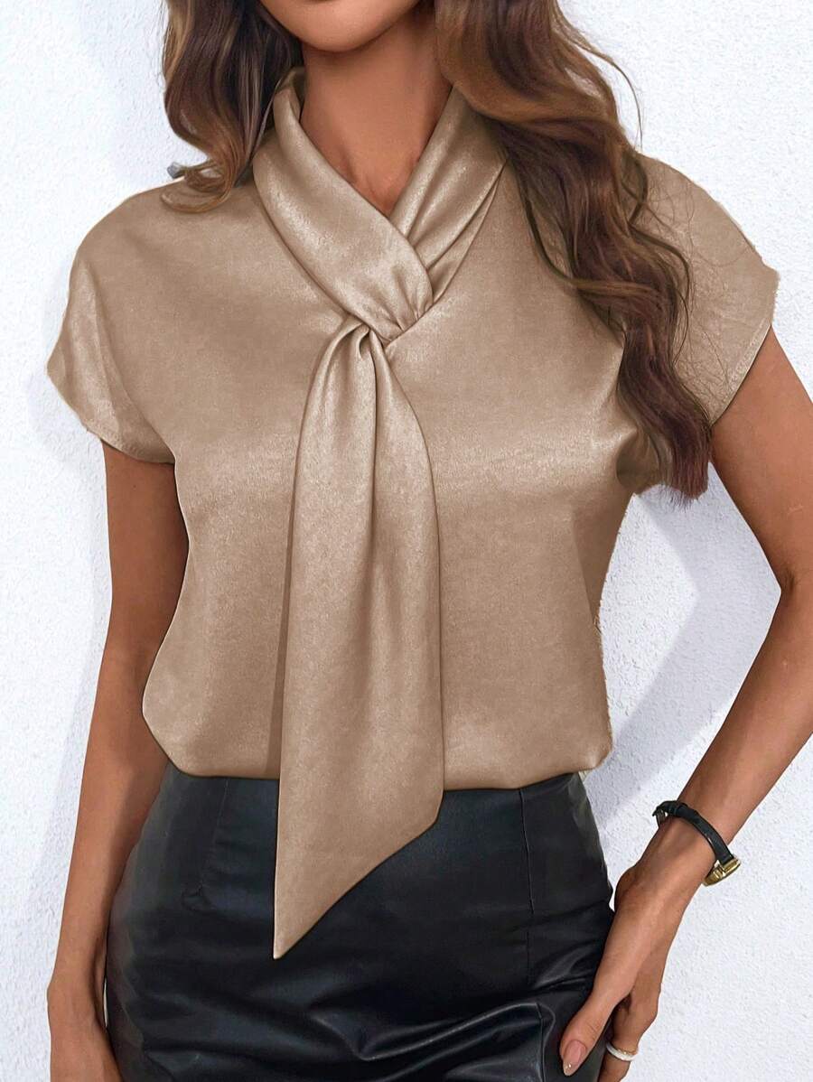 EMERY ROSE Batwing Sleeve Casual Shirt With Draped Hemline For New Year Holiday Party Clothes - Gold - View 1