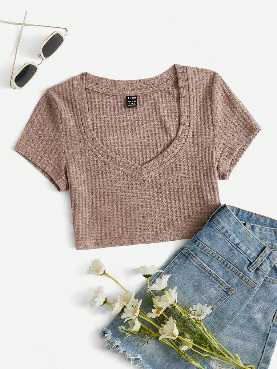 SHEIN EZwear 針織v領紋理短袖短款上衣 - 卡其色 - 查看 1