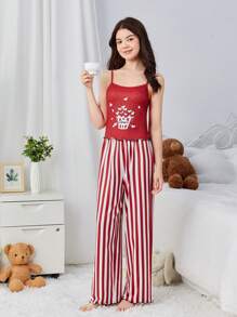 SHEIN Teen Girl Heart Shaped Popcorn Print Cami And Striped Knit Pants Cozy Pajama Set - Red - View 4