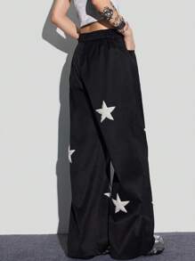 SHEIN EZwear Thêu Sao Khăn tắm quần ống rộng Lỏng lẻo Quần - màu đen - Xem 6