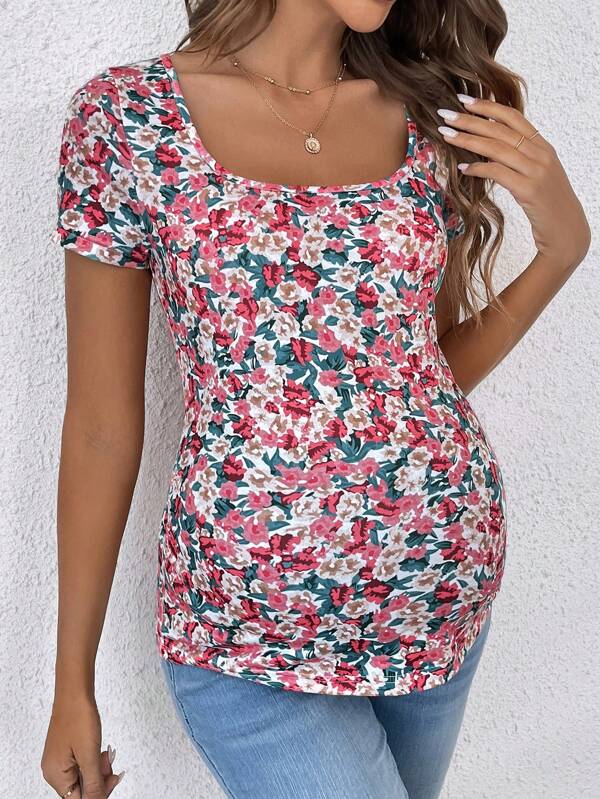 SHEIN Maternity Casual Floral Printed Short Sleeve Slim Fit T-Shirt With Square Neckline