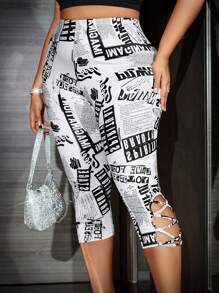 Calvaya Women's Plus Size Newspaper Print Hollow Out Sports & Casual Leggings - Black and White - View 4