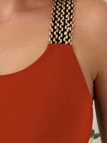 Swim Lushoire Patchwork Weave Strap Tankini Set Summer - Rust Brown - View 5